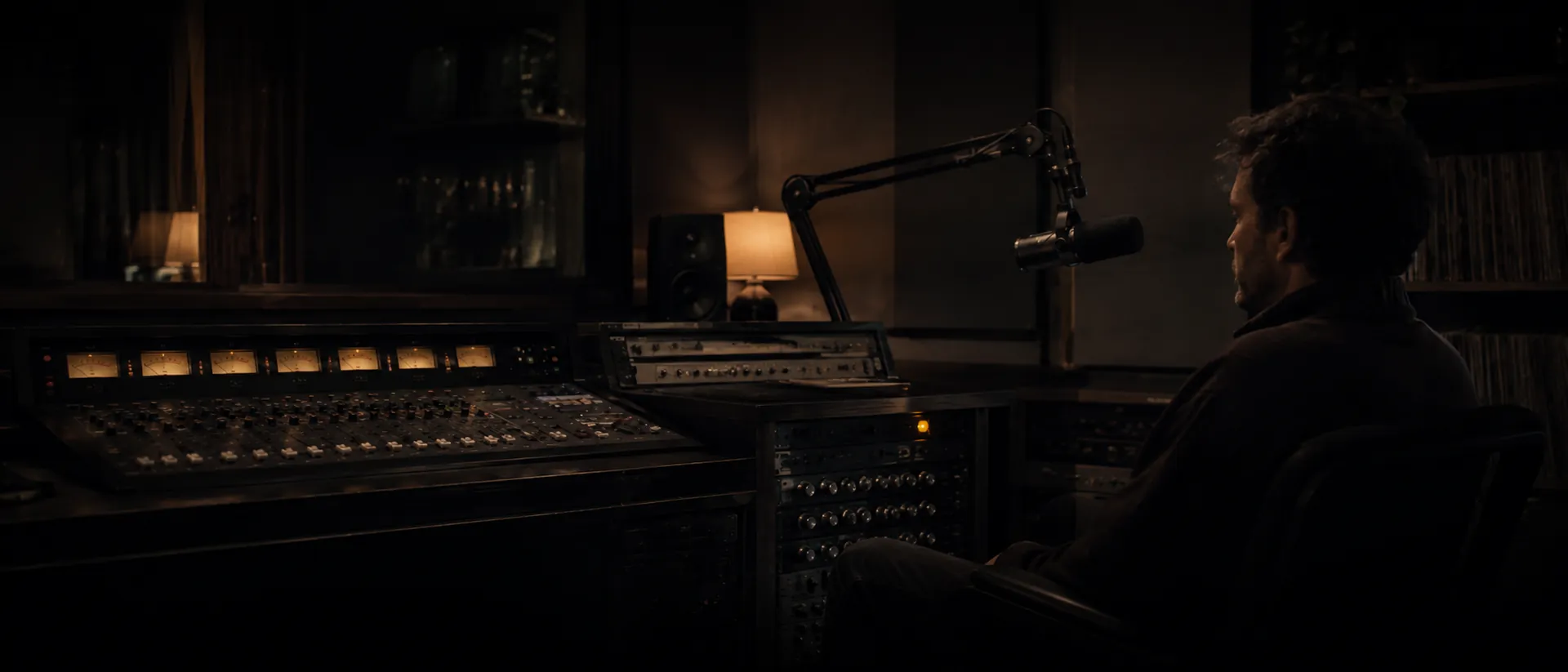 Night desk in Studio One, meters lit, one host at the microphone